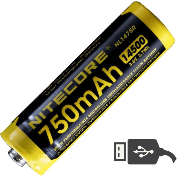 Аккумулятор NITECORE NL1475R 14500 Li-Ion 3.7V 750 мАч, USB
