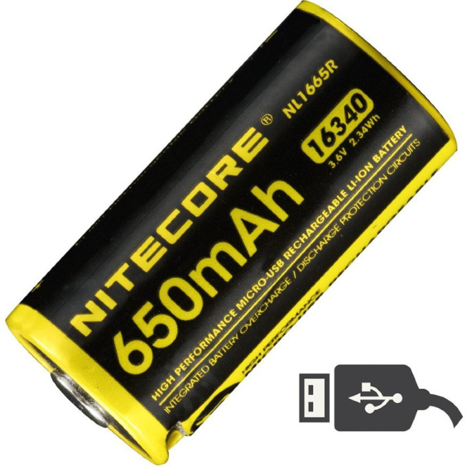 Аккумулятор NITECORE NL1665R 16340 (RCR123) 650 мА·ч, зарядка USB