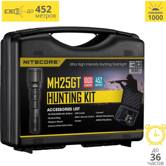 Комплект для охоты NITECORE MH25GT с NL1834, фильтрами и RSW1